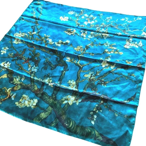 💖 Oversized boho satin blue Floral print print hair neck scarf whimsical - Picture 6 of 15